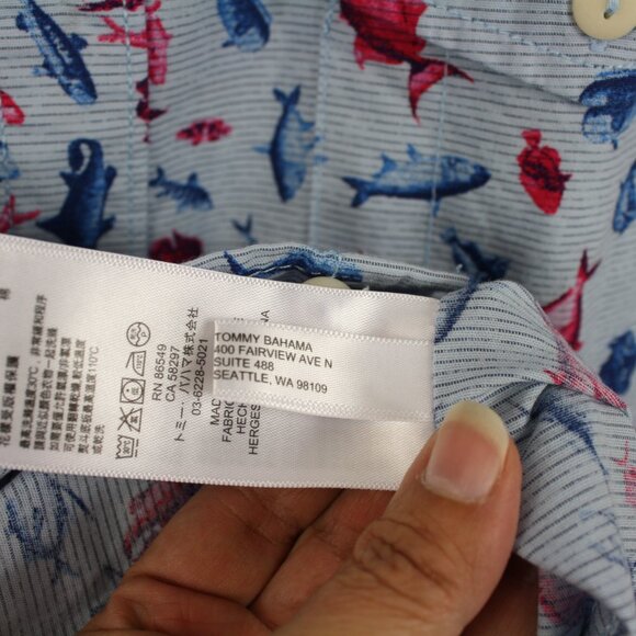 TOMMY BAHAMA Men's Size Novelty Fish Print Cotton Hawaiian Shirt Summer - Picture 7 of 8